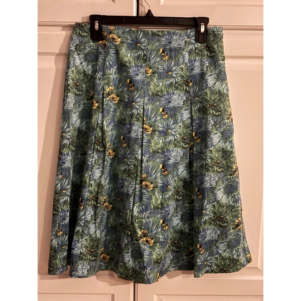 Talbots Womens 6 Blue Green Floral Chrysanthemum A-Line Pleated Cotton Skirt